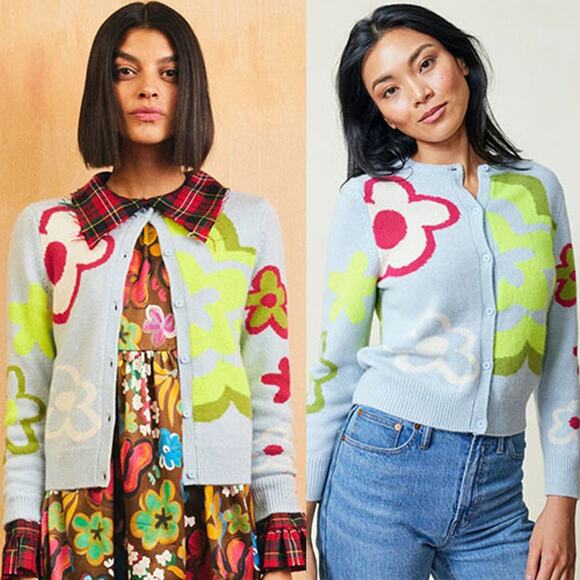 NWT Lingua Franca Delia Floral Cardigan Blue Glacier Ccashmere Sweater Sz: Large